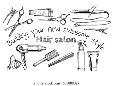 Vector hand drawn illustration of hair salon in vintage engraved style. isolated on white background.