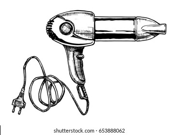 Vector hand drawn illustration of hair dryer in vintage engraved style. isolated on white background. Side view.