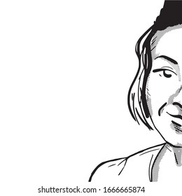 vector hand drawn illustration of a half of young woman's face isolated on white. text space on the left side.