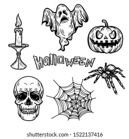 Vector hand drawn illustration of Halloween pumpkin, skull, spiderweb,  spider, candlestick and ghost in the engraving style isolated on white background.