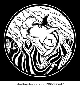 Vector hand drawn illustration of hammerhead shark with surreal landscape. Creative tattoo artwork. Template for card, poster, banner, print for t-shirt, pin, badge, patch.