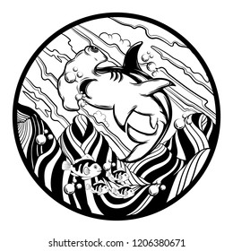 Vector hand drawn illustration of hammerhead shark with surreal landscape. Creative tattoo artwork. Template for card, poster, banner, print for t-shirt, pin, badge, patch.