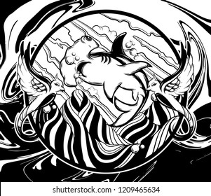 Vector hand drawn illustration of hammerhead shark with surreal landscape and birds. Creative tattoo artwork. Template for card, poster, banner, print for t-shirt, pin, badge, patch.