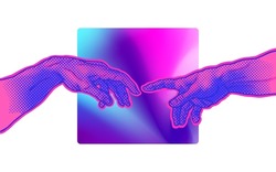 Vector Hand Drawn Illustration Of Hands Reaching For Each Other In Colorful Pink And Blue Vaporwave Style Halftone Dot Screen-printing.
