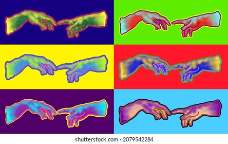 Ilustración dibujada a mano vectorial de manos que alcanzan en el colorido estilo de arte pop de punto medio tono.
