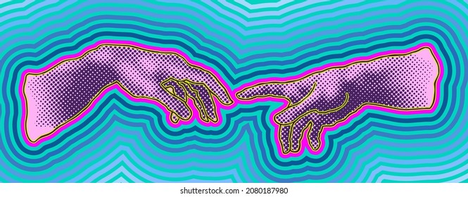 Vector hand drawn illustration of hands reaching in colorful red on blue dot halftone vaporwave pop art style.