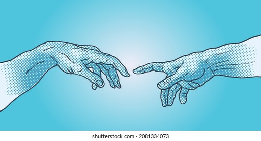 Vector hand drawn illustration of hands reaching in ethereal blue dot halftone pop art style.