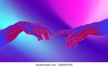 Vector hand drawn illustration of hands reaching for each other in colorful pink and blue vaporwave style halftone dot screen-printing.