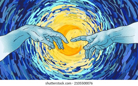 Vector Hand Drawn Illustration Of Hands Reaching In Blue Dot Halftone Pop Art Style On A Impressionist Style Moon.