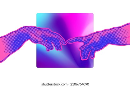 Vector hand drawn illustration of hands reaching for each other in colorful pink and blue vaporwave style halftone dot screen-printing.