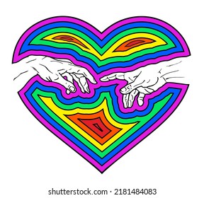 Vector hand drawn illustration of hands reaching inside a big rainbow steps colored heart shape and isolated on white background.