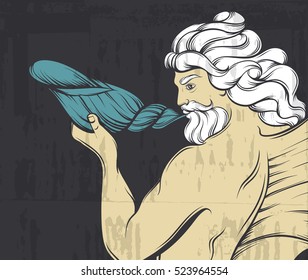 Vector hand drawn illustration of handsome  triton in realistic line style with waves and shell. Mythology artwork on dark blue background. Template for card poster banner print for t-shirt.