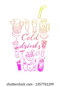 Vector hand drawn illustration and handwritten calligraphy of cold drinks and summer beverages. Conceptual doodle Lettering for menu cover, restaurant and cafe decor