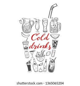 Vector hand drawn illustration and handwritten calligraphy of cold drinks and summer beverages. Conceptual doodle Lettering for menu cover, restaurant and cafe decor