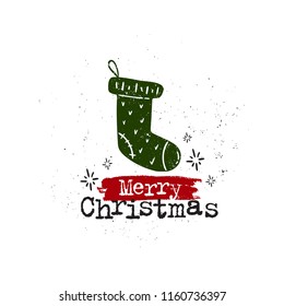 Vector hand drawn illustration. Happy Merry Christmas, holidays, sock. Idea for poster, postcard.