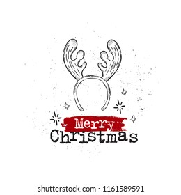 Vector hand drawn illustration. Happy Merry Christmas, holidays, antler. Idea for poster, postcard.