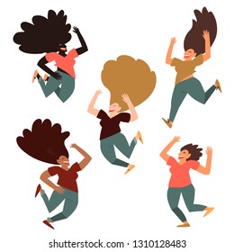 Vector hand drawn illustration of happy group of women of different race jumping in air dancing isolated on white. International women day.