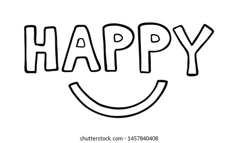 Vector hand drawn illustration of happy word with smiling mouth. Black outlines and white background.