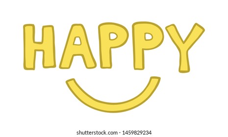 Vector hand drawn illustration of happy word with smiling mouth. Colored outlines and colored.