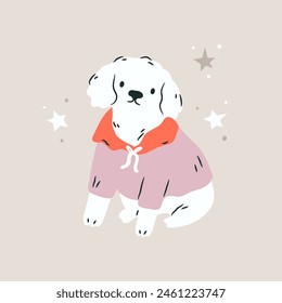 Vector hand drawn illustration of a happy white poodle with a red scarf, neckpiece. Pet friendly concept, design, graphic art, print