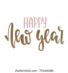 Vector hand drawn illustration. Happy New Year lettering, Pink and gold.