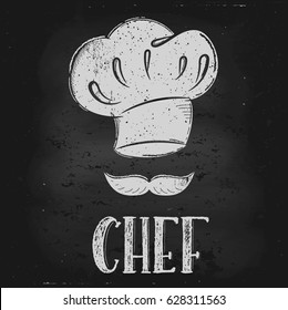 Vector hand drawn illustration.  Hat chef is drawn on the chalk Board. The idea for a cafe, restaurant, kitchen, poster.