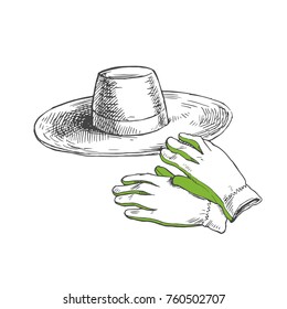 Vector hand drawn illustration with hat and gloves isolated on white. Garden clothes in sketch style.