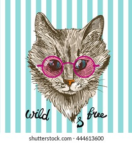 Vector hand drawn illustration head of cat. Boho style poster. Ink sketch drawing of cat.