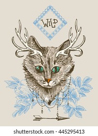 Vector hand drawn illustration head of cat. Boho style poster. Ink sketch drawing of cat.