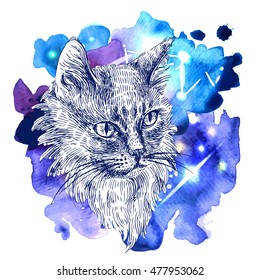 Vector hand drawn illustration head of cat. Boho style poster. Ink sketch drawing of animal.