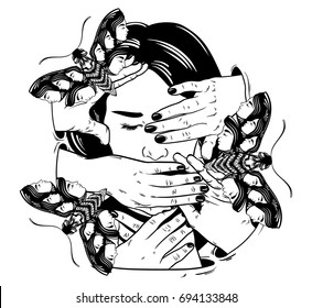 Vector hand drawn illustration of head with hands. Creative tattoo artwork. Template for card, poster, banner, print for t-shirt.