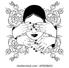 Vector hand drawn illustration of head with hands. Creative tattoo artwork. Template for card, poster, banner, print for t-shirt.