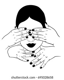 Vector hand drawn illustration of head with hands. Creative tattoo artwork. Template for card, poster, banner, print for t-shirt.