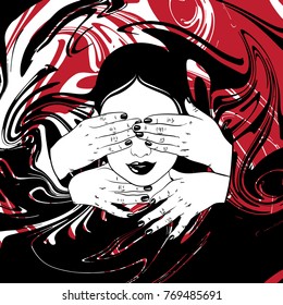 Vector hand drawn illustration of head with hands. Creative tattoo artwork. Template for card, poster, banner, print for t-shirt.