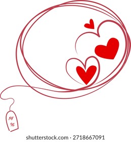 Vector dibujado a mano ilustración de un marco de corazón hecho con el arte de la línea del boceto y una etiqueta de descuento colgante con el símbolo del porcentaje
