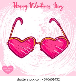 Vector hand drawn illustration of heart shaped glasses,text Happy Valentines Day on background with abstract paper texture. Woman's eyeglasses sketch. Linear art in vintage style for design.