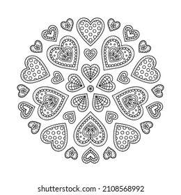 Vector hand drawn illustration with hearts. Doodle outline illustration for coloring. Anti stress coloring page for Valentine's Day. 