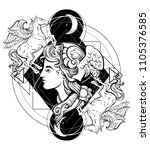 Vector hand drawn illustration of Hermes and Pegasus. Template for card, poster. banner, print for t-shirt, pin, badge, patch.
