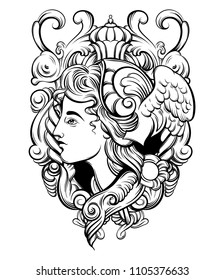 Vector hand drawn illustration of Hermes with baroque frame. Tattoo artwork. Template for card, poster. banner, print for t-shirt, pin, badge, patch.