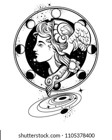 Vector hand drawn illustration of Hermes with planets. Template for card, poster. banner, print for t-shirt, pin, badge, patch.