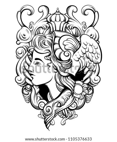 Vector hand drawn illustration of Hermes with baroque frame. Tattoo artwork. Template for card, poster. banner, print for t-shirt, pin, badge, patch.