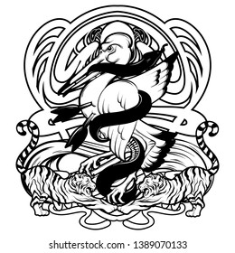 Vector hand drawn illustration of heron with snake and tigers isolated. Creative tattoo artwork. Template for card, poster. banner, print for t-shirt, pin, badge, patch.