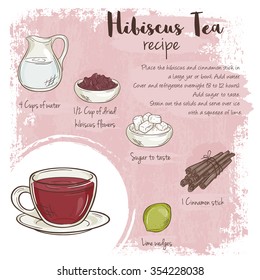 vector hand drawn illustration of hibiscus tea recipe with list of ingredients