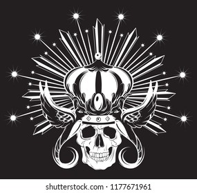 Vector hand drawn illustration of himan skull in crown with birds isolated. Creative tattoo artwork. Template for card, poster, banner, print for t-shirt, pin, badge, patch.