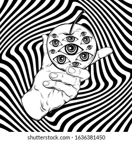 Vector hand drawn illustration of hand holding forbidden fruit with eyes. Creative tattoo artwork.  Template for card, poster, banner, print for t-shirt, coloring,  patch.