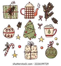 Vector hand drawn illustration. Holiday set with cute tree branches, Christmas tree balls and stars. Winter cartoon background