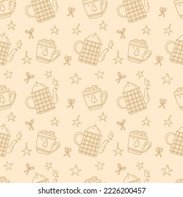 Ilustración dibujada a mano por vectores. Patrón inmaculado de vacaciones con una tetera linda y bebidas calientes. Fondo de la caricatura de invierno.