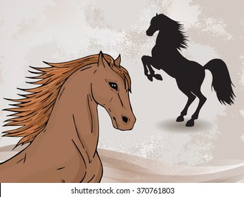 Vector hand drawn illustration with horse head and silhouette rearing horse on textured background. 
