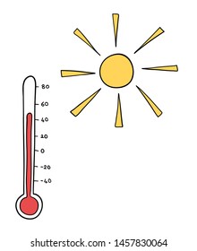 Vector hand drawn illustration of hot weather, sun and thermometer. Black outlines and colored.