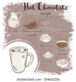 vector hand drawn illustration of hot chocolate recipe with list of ingredients 